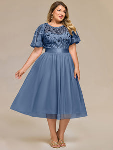Color=Dusty Blue | Bulk Order | Fit A-Line Deep V-Neck Evening Gown | Ruffled Short Sleeve Midi Dress-Dusty Blue 9