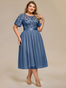Color=Dusty Blue | Bulk Order | Fit A-Line Deep V-Neck Evening Gown | Ruffled Short Sleeve Midi Dress-Dusty Blue 10