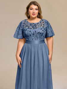 Color=Dusty Blue | Bulk Order | Fit A-Line Deep V-Neck Evening Gown | Ruffled Short Sleeve Midi Dress-Dusty Blue 8