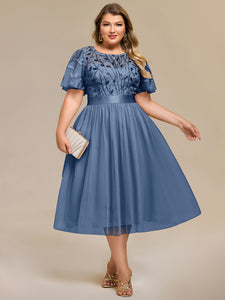 Color=Dusty Blue | Bulk Order | Fit A-Line Deep V-Neck Evening Gown | Ruffled Short Sleeve Midi Dress-Dusty Blue 6