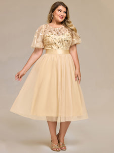 Color=Gold | Bulk Order | Fit A-Line Deep V-Neck Evening Gown | Ruffled Short Sleeve Midi Dress-Gold 15