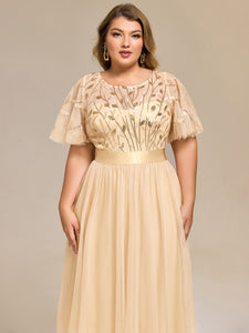 Color=Gold | Bulk Order | Fit A-Line Deep V-Neck Evening Gown | Ruffled Short Sleeve Midi Dress-Gold 13