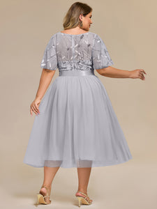 Color=Grey | Bulk Order | Fit A-Line Deep V-Neck Evening Gown | Ruffled Short Sleeve Midi Dress-Grey 17