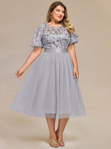 Color=Grey | Bulk Order | Fit A-Line Deep V-Neck Evening Gown | Ruffled Short Sleeve Midi Dress-Grey 20