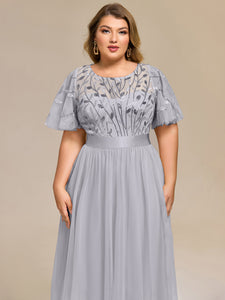 Color=Grey | Bulk Order | Fit A-Line Deep V-Neck Evening Gown | Ruffled Short Sleeve Midi Dress-Grey 18