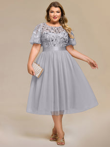 Color=Grey | Bulk Order | Fit A-Line Deep V-Neck Evening Gown | Ruffled Short Sleeve Midi Dress-Grey 16