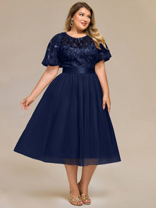 Color=Navy Blue | Bulk Order | Fit A-Line Deep V-Neck Evening Gown | Ruffled Short Sleeve Midi Dress-Navy Blue 30