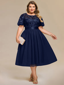 Color=Navy Blue | Bulk Order | Fit A-Line Deep V-Neck Evening Gown | Ruffled Short Sleeve Midi Dress-Navy Blue 26