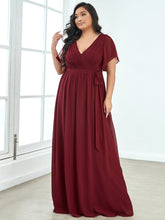 Load image into Gallery viewer, Color=Burgundy | A Line Plus Size Wholesale Bridesmaid Dresses with Deep V Neck Ruffles Sleeves-Burgundy 4