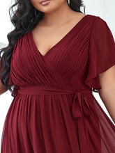 Load image into Gallery viewer, Color=Burgundy | A Line Plus Size Wholesale Bridesmaid Dresses with Deep V Neck Ruffles Sleeves-Burgundy 5