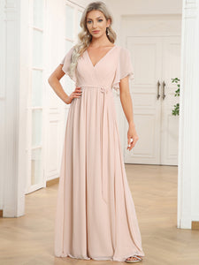 A Line Wholesale Bridesmaid Dresses with Deep V Neck Ruffles Sleeves EE0164A