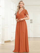 Load image into Gallery viewer, Color=Brandied Melon | Volume Discounts Short Sleeve Ruffle Deep V-Neck A-Line Floor Length Evening Dresses-Brandied Melon 5