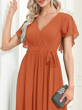 Load image into Gallery viewer, Color=Brandied Melon | Volume Discounts Short Sleeve Ruffle Deep V-Neck A-Line Floor Length Evening Dresses-Brandied Melon 3