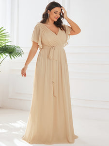 A Line Plus Size Wholesale Bridesmaid Dresses with Deep V Neck Ruffles Sleeves