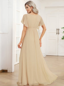 A Line Wholesale Bridesmaid Dresses with Deep V Neck Ruffles Sleeves