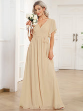 Load image into Gallery viewer, A Line Wholesale Bridesmaid Dresses with Deep V Neck Ruffles Sleeves