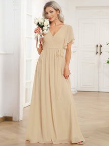 A Line Wholesale Bridesmaid Dresses with Deep V Neck Ruffles Sleeves