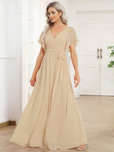 Load image into Gallery viewer, A Line Wholesale Bridesmaid Dresses with Deep V Neck Ruffles Sleeves
