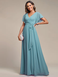 A Line Wholesale Bridesmaid Dresses with Deep V Neck Ruffles Sleeves EE0164A