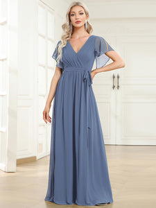 A Line Wholesale Bridesmaid Dresses with Deep V Neck Ruffles Sleeves EE0164A