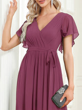 Load image into Gallery viewer, Color=Damson | Volume Discounts Short Sleeve Ruffle Deep V-Neck A-Line Floor Length Evening Dresses-Damson 13