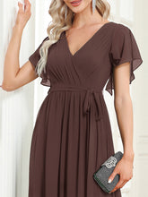 Load image into Gallery viewer, Color=Espresso | Volume Discounts Short Sleeve Ruffle Deep V-Neck A-Line Floor Length Evening Dresses-Espresso 23