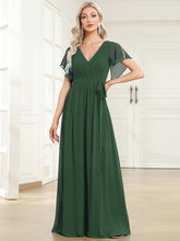 Load image into Gallery viewer, A Line Wholesale Bridesmaid Dresses with Deep V Neck Ruffles Sleeves