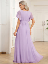 Load image into Gallery viewer, Color=Frosted Lilac | Volume Discounts Short Sleeve Ruffle Deep V-Neck A-Line Floor Length Evening Dresses-Frosted Lilac 62
