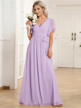 Load image into Gallery viewer, Color=Frosted Lilac | Volume Discounts Short Sleeve Ruffle Deep V-Neck A-Line Floor Length Evening Dresses-Frosted Lilac 64