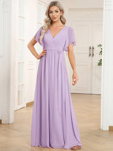 Load image into Gallery viewer, Color=Frosted Lilac | Volume Discounts Short Sleeve Ruffle Deep V-Neck A-Line Floor Length Evening Dresses-Frosted Lilac 61