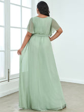 Load image into Gallery viewer, Color=Mint Green | A Line Plus Size Wholesale Bridesmaid Dresses with Deep V Neck Ruffles Sleeves-Mint Green 2