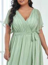 Load image into Gallery viewer, Color=Mint Green | A Line Plus Size Wholesale Bridesmaid Dresses with Deep V Neck Ruffles Sleeves-Mint Green 5