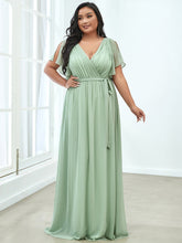 Load image into Gallery viewer, Color=Mint Green | A Line Plus Size Wholesale Bridesmaid Dresses with Deep V Neck Ruffles Sleeves-Mint Green 1