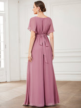 Load image into Gallery viewer, Color=Orchid | A Line Wholesale Bridesmaid Dresses with Deep V Neck Ruffles Sleeves-Orchid 2