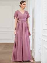 Load image into Gallery viewer, Color=Orchid | A Line Wholesale Bridesmaid Dresses with Deep V Neck Ruffles Sleeves-Orchid 3