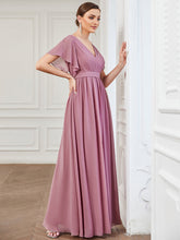 Load image into Gallery viewer, Color=Orchid | A Line Wholesale Bridesmaid Dresses with Deep V Neck Ruffles Sleeves-Orchid 4
