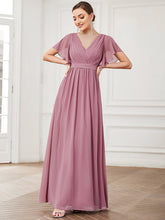 Load image into Gallery viewer, Color=Orchid | A Line Wholesale Bridesmaid Dresses with Deep V Neck Ruffles Sleeves-Orchid 1