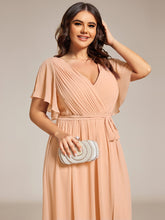 Load image into Gallery viewer, Color=Peach | Volume Discounts Short Sleeve Ruffle Deep V-Neck A-Line Floor Length Evening Dresses-Peach 58