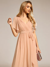 Load image into Gallery viewer, Color=Peach | Volume Discounts Short Sleeve Ruffle Deep V-Neck A-Line Floor Length Evening Dresses-Peach 53