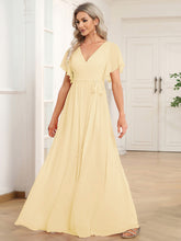 Load image into Gallery viewer, Color=Yellow | Volume Discounts Short Sleeve Ruffle Deep V-Neck A-Line Floor Length Evening Dresses-Yellow 45