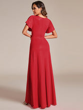 Load image into Gallery viewer, Color=Red | Tea Length Split Shiny Wholesale Evening Dresses With Ruffle Sleeves-Red 4