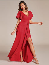 Load image into Gallery viewer, Color=Red | Tea Length Split Shiny Wholesale Evening Dresses With Ruffle Sleeves-Red 2