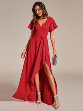 Load image into Gallery viewer, Color=Red | Tea Length Split Shiny Wholesale Evening Dresses With Ruffle Sleeves-Red 1