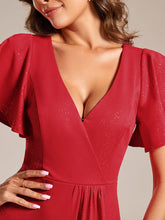 Load image into Gallery viewer, Color=Red | Tea Length Split Shiny Wholesale Evening Dresses With Ruffle Sleeves-Red 5