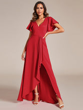 Load image into Gallery viewer, Color=Red | Tea Length Split Shiny Wholesale Evening Dresses With Ruffle Sleeves-Red 3