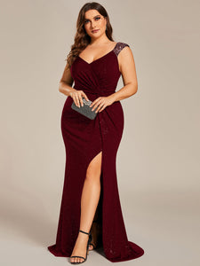 Color=Burgundy | Plus Glitter Split Wholesale Evening Dresses-Burgundy 3