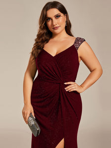 Color=Burgundy | Plus Glitter Split Wholesale Evening Dresses-Burgundy 2