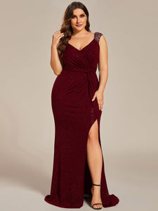 Color=Burgundy | Plus Glitter Split Wholesale Evening Dresses-Burgundy 5