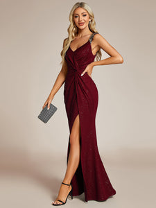 Color=Burgundy | Glitter Split Wholesale Evening Dresses-Burgundy 1