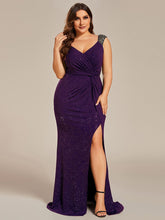 Load image into Gallery viewer, Color=Dark Purple | Plus Glitter Split Wholesale Evening Dresses-Navy Blue 5